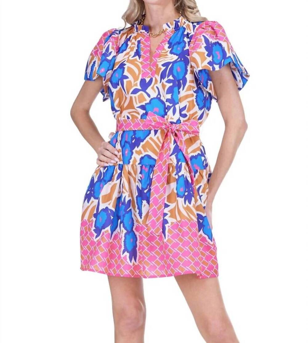 NEW JOY JOY stitch trim flutter sleeve mini dress in savannah bloom